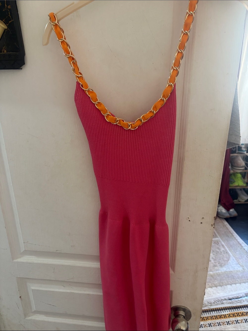 Zara Pink Knit Dress with Gold-Trim Chain Straps